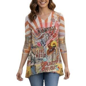 One World Nashville Tunic Top Blouse Sz XS Hi Low Skirted Hem Art County Music